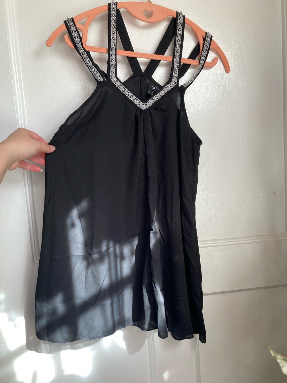 Rue21 Black Sleeveless Crochet-Trim V-Neck Tank